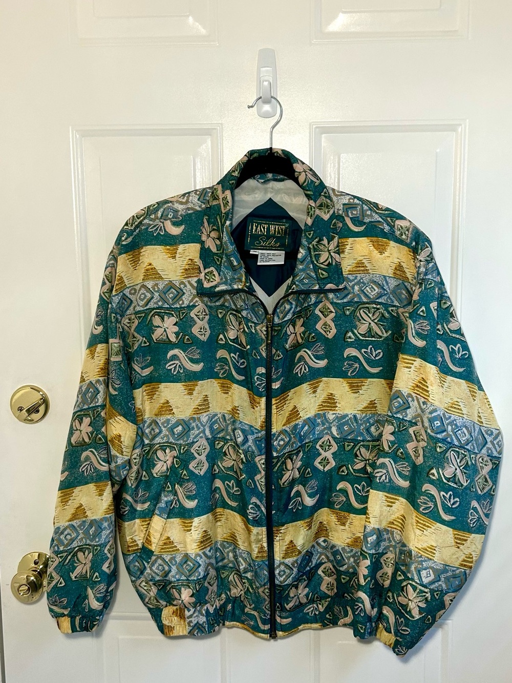 Vintage East West Silks 100% Silk Bomber Jacket Padded Shoulders Aztec Floral M